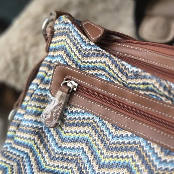 Stone Mountain Shoulder Bag Woven Chevron Design/Faux Leather Adjustable Strap - Picture 3 of 4
